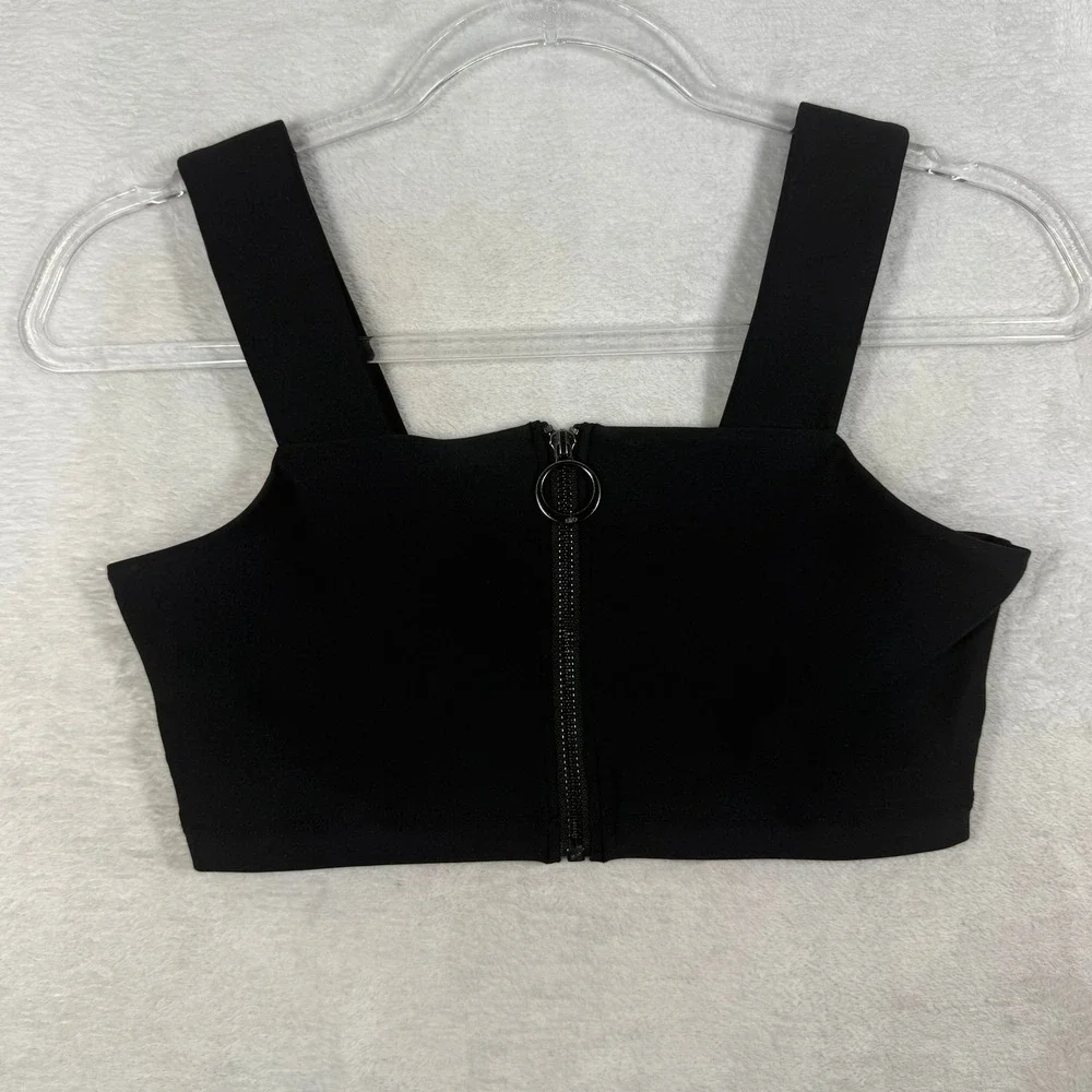 Alo Yoga Womens Black Front Zip O-Ring Square Neck Crop Top W1246R Size S
